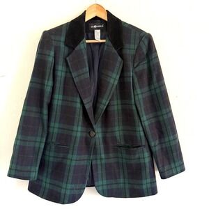 Sag Harbor Women Plaid Blazer Size 10 Wool Blend Blue Green Tartan Velvet Collar